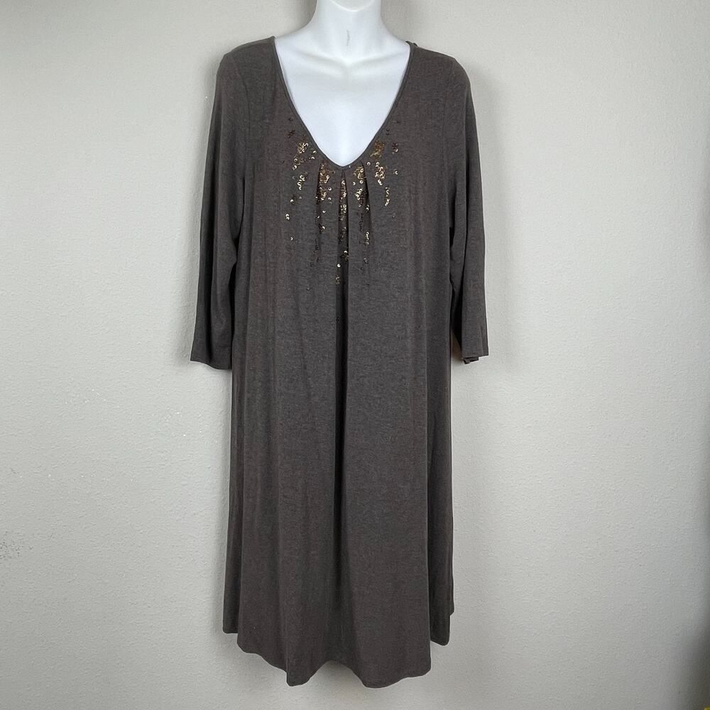 Eileen Fisher Jersey Dress L Taupe Brown Sequin Neck Minimalist 3/4 Sleeve